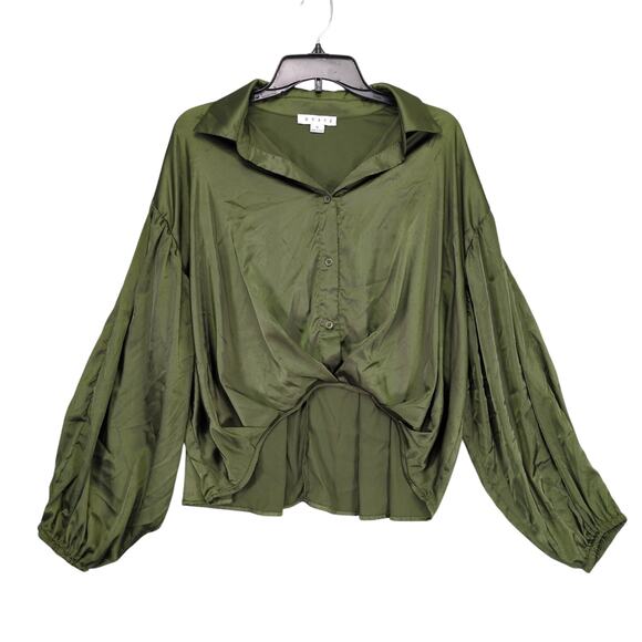 Hyfve Women's M Green Satin Oversized Front Cropped Blouse, Balloon Sleeve Y2K - Picture 1 of 6
